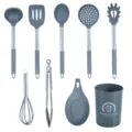 9-piece grey silicone kitchen utensil set with stainless steel handles and practical holder. - Dark Grey Handle Sleeve 9-Piece Utensil Set A