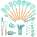 28-piece silicone kitchen utensil set with wooden handles, heat-resistant cooking tools. - 28-piece Set A [Small Bucket] / Dark Green