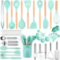 47-piece silicone kitchen utensil set with holder and heat-resistant tools for cooking. - Dark Green 47-Piece Wooden Handle Set A with Small Holder
