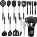15-teiliges schwarzes Silikon Küchenutensilien Set mit Edelstahlgriffen und Behälter. - Schwarzes Set mit Griffen 15-teilig