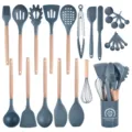 25-teiliges Silikon Küchenhelfer Set mit Holzgriffen, hitzebeständige Kochutensilien. - Küchenhelfer Mit Holzgriff / Kleiner Eimer / Dunkelgrau