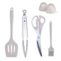 Set 6 pezzi di utensili da cucina in silicone con spatola, pinza, forbici, pennello e presine. - Set da 6 pezzi in silicone khaki C