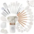 43-teiliges Silikon Küchenhelfer Set mit Holzgriffen, hitzebeständige Kochbesteck Halter. - Cremeweißes Holzgriff-Set 43-teilig A (kleiner Eimer)