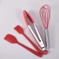 Silicone baking tools 4-piece set including spatula pastry brush whisk and food tongs for kitchen - Red 4-Piece Baking Set A