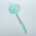 Mint green silicone slotted spoon with stainless steel handle, ideal for kitchen cooking skimmer. - Dark Green Handle Sleeve Silicone Slotted Spoon