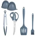 Set di 6 utensili da cucina in silicone grigio con spatola, pinza e guanti anti-scottatura. - Set da 6 pezzi in silicone grigio scuro C