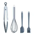 4-piece dark grey silicone baking tool set including mini spatula, oil brush, whisk and food tongs. - Dark Grey 4-Piece Baking Set A