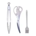 Korean BBQ tool set including food tongs, kitchen scissors, and silicone oil brush for grilling. - Three-Piece Set / Khaki