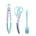 Korean style BBQ tool set including food tongs, kitchen scissors, and silicone oil brush. - Three-Piece Set / Dark Green