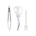Detail view of Korean BBQ tool set including food tongs, kitchen scissors and oil brush. - Three-Piece Set / Cream
