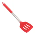 Red silicone slotted spatula with stainless steel handle and comfortable grip for kitchen cooking. - Red Silicone Slotted Turner with Handle Sleeve