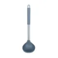 Grey silicone soup ladle with stainless steel handle, ideal for kitchen cooking and soup serving. - Dark Grey Silicone Ladle with Handle Sleeve