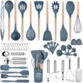 Silicone kitchen utensil set, dark grey heat-resistant cooking tools with natural wooden handles. - Dark Gray 47-Piece Wooden Handle Set A with Small Holder