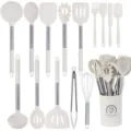 15-teiliges weißes Silikon Küchenhelfer Set mit Edelstahldrücken und Halter - Cremeweißes Griffhüllen-Set 15-teilig