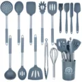 15-piece silicone kitchen utensil set with stainless steel handles grey cooking tools - Dark Grey Handle Sleeve 15-Piece Utensil Set