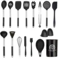 17-piece black silicone kitchen utensil set with stainless steel handles and holder storage. - Black