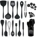 24-teiliges hitzebeständiges Silikon Küchenhelfer Set mit Halter für Pfannen. - Einteiliges Großes Halter Set / Schwarz