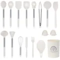 17pcs silicone kitchen utensil set with stainless steel handles and holder for cooking nonstick - Cream