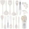 Hitzebeständiges Silikon Küchenhelfer Set mit Pfannenwendern Löffeln Schneebesen und Behälter - Einteiliges Großes Halter Set / Creme