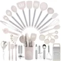 34-piece heat-resistant silicone kitchen utensil set with holder for non-stick cookware - Khaki