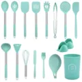 17-piece heat-resistant silicone kitchen utensil set with holder for non-stick cookware cooking - Dark Green