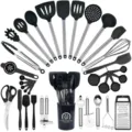 34-piece silicone kitchen utensil set with stainless steel handles and holder for cooking. - Black