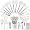 Comprehensive 34-piece white silicone kitchen utensil set with stainless steel handles - Cream