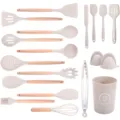 19-piece silicone kitchen utensil set with wooden handles for non-stick cookware - Khaki Wooden Handle 19-Piece Set A [Small Holder]