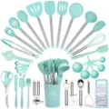 34-piece mint green silicone kitchen utensil set with stainless steel handles for cooking. - Dark Green
