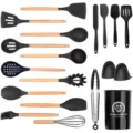 19-piece silicone kitchen utensil set with wooden handles and storage holder for cooking - Black Wooden Handle 19-Piece Set A [Small Holder]