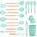 19-piece heat-resistant silicone kitchen utensil set with wooden handles for non-stick cookware - Dark Green Wooden Handle 19-Piece Set A [Small Holder]
