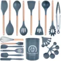 26-piece silicone kitchen utensil set with wooden handles for non-stick cookware cooking. - Dark Grey Wooden Handle 19-Piece Set A [Small Holder]