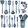 Silikon Küchenhelfer Set hitzebeständig Kochlöffel Pfannenwender Küchenutensilien 24tlg - Einteiliges Großes Halter Set / Dunkelgrau