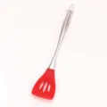 Stainless steel silicone slotted kitchen spatula with red head and hanging loop for cooking. - Slotted Turner / Red