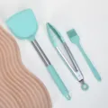 Mint green silicone kitchen utensil set, non-stick spatula, food tongs, and brush. - Three-Piece Set / Dark Green