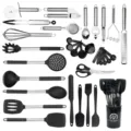 33-teiliges Küchenhelfer Set aus Silikon und Edelstahl antihaft Kochbesteck mit Behälter. - 33-teiliges Set / Schwarz