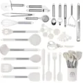 33-teiliges Silikon Küchenutensilien Set mit Edelstahlgriffen und Halter für antihaftbecken - 33-teiliges Set / Creme