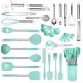 33-teiliges silikon küchenhelfer set mit edelstahlgriffen in mintgrün, antihaftbeschichtet. - 33-teiliges Set / Dunkelgrün