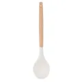 Silicone soup spoon with wooden handle, cream white kitchen cooking utensil for nonstick pan. - Creamy White Silicone Solid Spoon with Round Wooden Handle