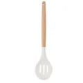 Silicone slotted spoon with wooden handle, white kitchen cooking utensil for non-stick pans - Cream Silicone Slotted Spoon with Round Wooden Handle