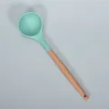 Mint green silicone soup ladle with wooden handle, durable kitchen cooking spoon utensil. - Dark Green