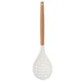 Silicone slotted spoon with wooden handle, non-stick cookware kitchen tool, milk white. - Cream Silicone Slotted Spoon with Round Wooden Handle
