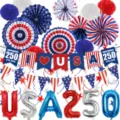 US 250th Independence Day party decorations set with paper fans, banners and foil balloons. - Independence Day Set D (250 Vertical Stripes & Pennant) / Red White Blue Combination
