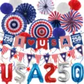 USA 250th Independence Day party decoration set with paper fans banners and balloons red white blue - Independence Day Set C (250 Vertical Stripes & Star Pennant) / Red White Blue Combination