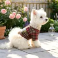 Süßes Haustier Karokleid mit Perlenkragen und Lippenstiftstickerei für kleine Hunde - XS / Lippenstift Kleid - Rot-Braunes Gitter