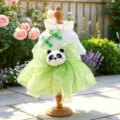 Cute puppy mesh puffy dress with 3D panda decor for small dogs, stylish pet apparel detail. - Dresses / White Green / XS