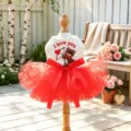Adorable cute pet dog mesh dress featuring cupid bear embroidery and fluffy red tutu skirt. - Dresses / XS-Fit Chest 28-32cm Length 18-22cm / Red and White
