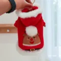 Cute Christmas pet hoodie with reindeer embroidery and soft faux fur for small dogs. - XS / Red