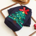 Close-up detail of the knitted pet Christmas sweater featuring tree embroidery and red bow. - XS / Chest 30cm, Length 20cm / Navy Blue