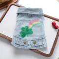 Cute pet denim jacket for small dogs with green clover and rainbow embroidery details. - Rainbow Style / XS
